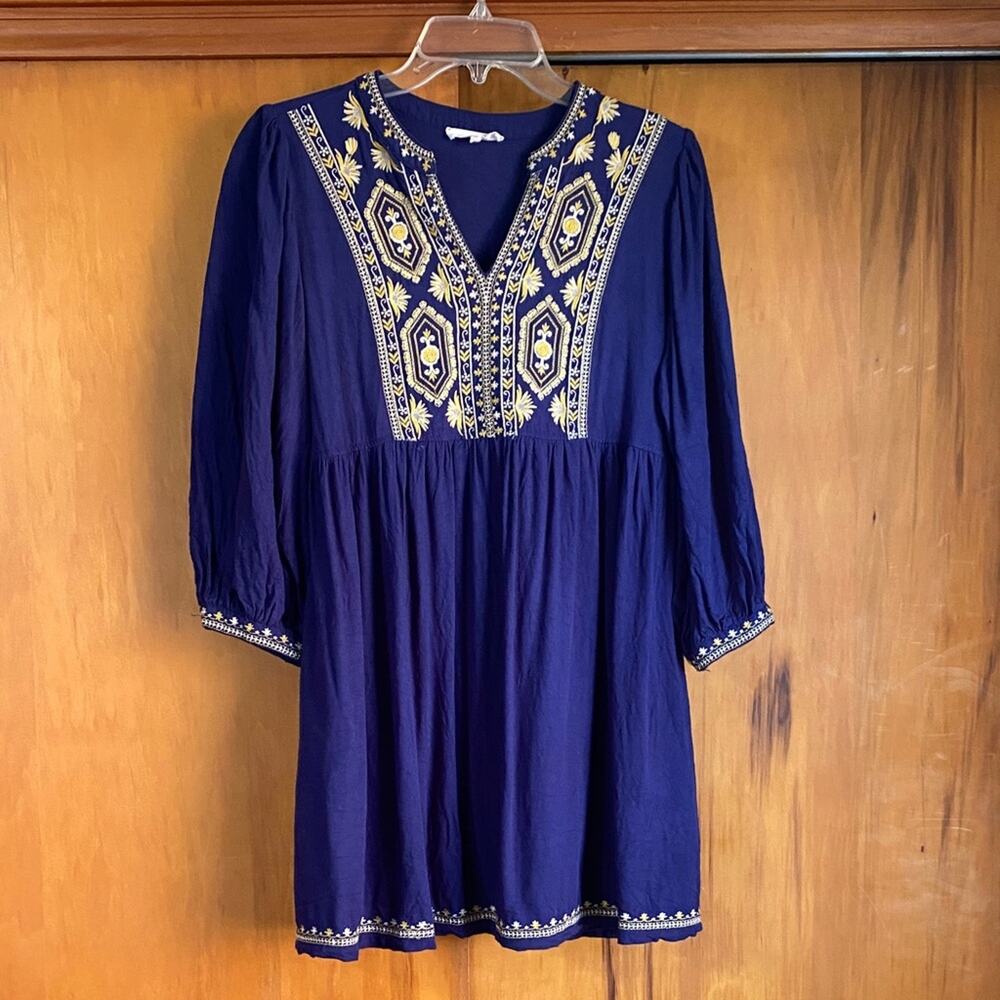 Solitaire Blue Mini Dress Tunic Gold Embroidered 3/4 Sleeves Rayon Day Casual